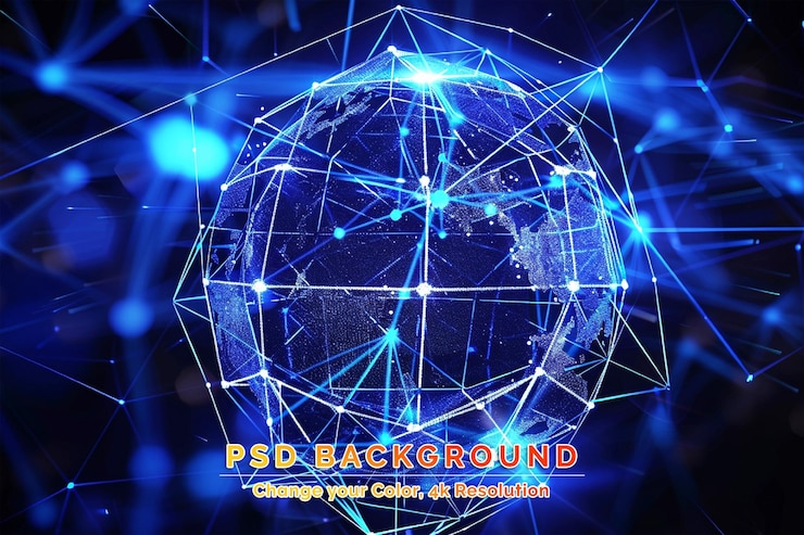 PSD global network icon blue illustration black color background