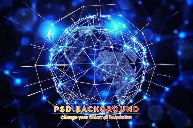PSD iconica della rete globale illustrazione blu sfondo colore nero
