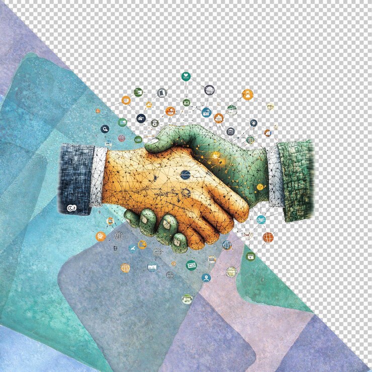 PSD global network partnership digital handshake concept