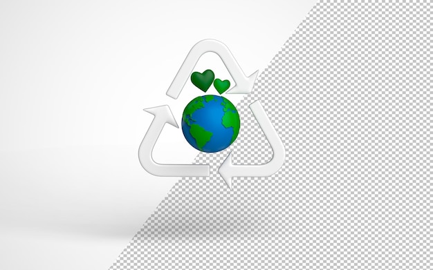 Global recycling Earth model with a recycle symbolGreem hearts on top 3d rendering