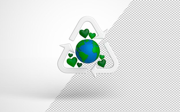 Global recycling Earth model with a recycle symbolGreen hearts around 3d rendering