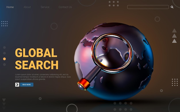 Global search icon on dark background 3d render concept for finding universal information and symbol