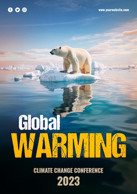 PSD 녹는 빙산에 곰이 있는 지구 온난화 a4 포스터