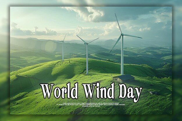 Giornata mondiale del vento con il globo terrestre e le turbine eoliche per l'energia e l'energia di fondo