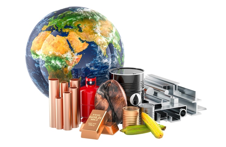 PSD globalne surowce zasób gospodarczy olej gazowy kukurydza kawa ziarna złota ingoty i walcowany metal renderowanie 3d izolowane na przezroczystym tle