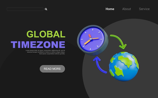 Globe bord met klok op donkere achtergrond 3d render concept voor wereld tijdzone