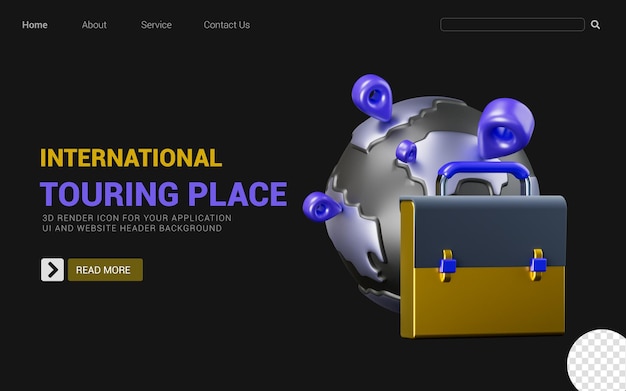 globe location mark with briefcase sign on dark background 3d render concept for mark touring place