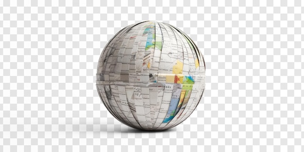 PSD globe made from newsprint scraps photorealistic 4k white background