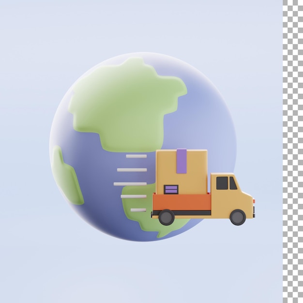 PSD globe and pickup truck delivery 3d illustration