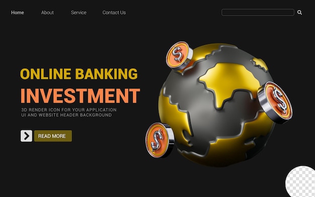 PSD globe sign with dollar coin on dark background 3d render concept for online banking investment