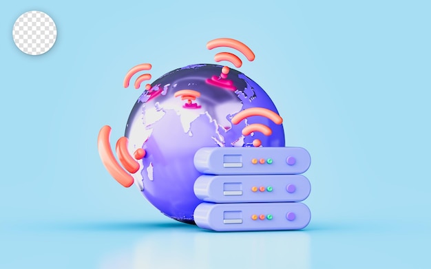 Segno del globo con il concetto di rendering 3d del segnale wifi di archiviazione per il sistema di rete di hosting globale