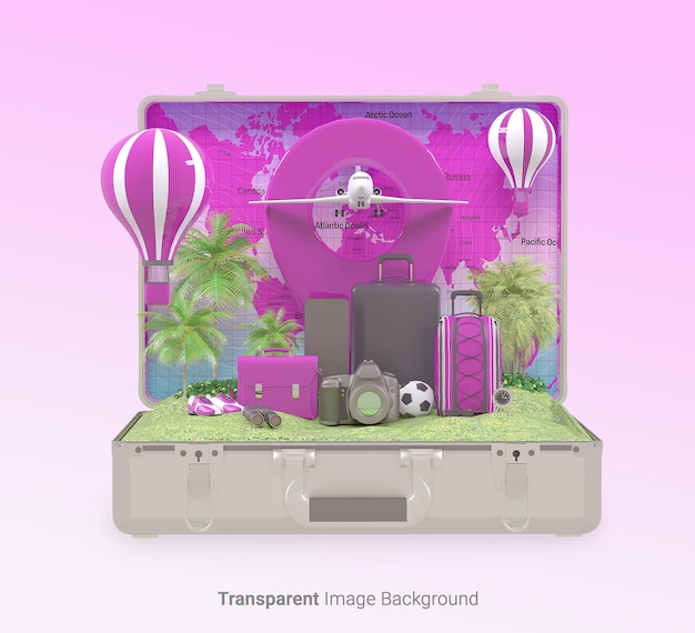 PSD globe suitcase travel objects with on an isolated transparent image background 3d rendering