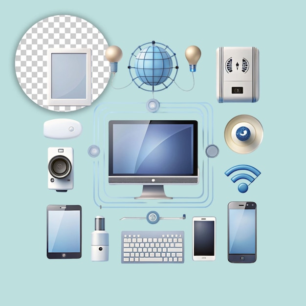 a globe surrounded by laptops and computers on transparent background