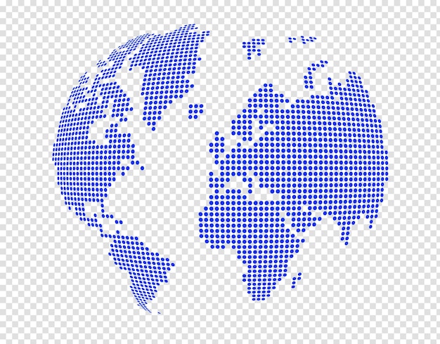 PSD globe wereldkaart gemaakt van blauwe stippen geïsoleerd op transparante achtergrond