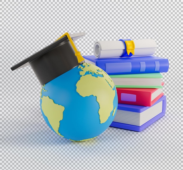 Globe with Graduation Cap and Books 3D Illustration
