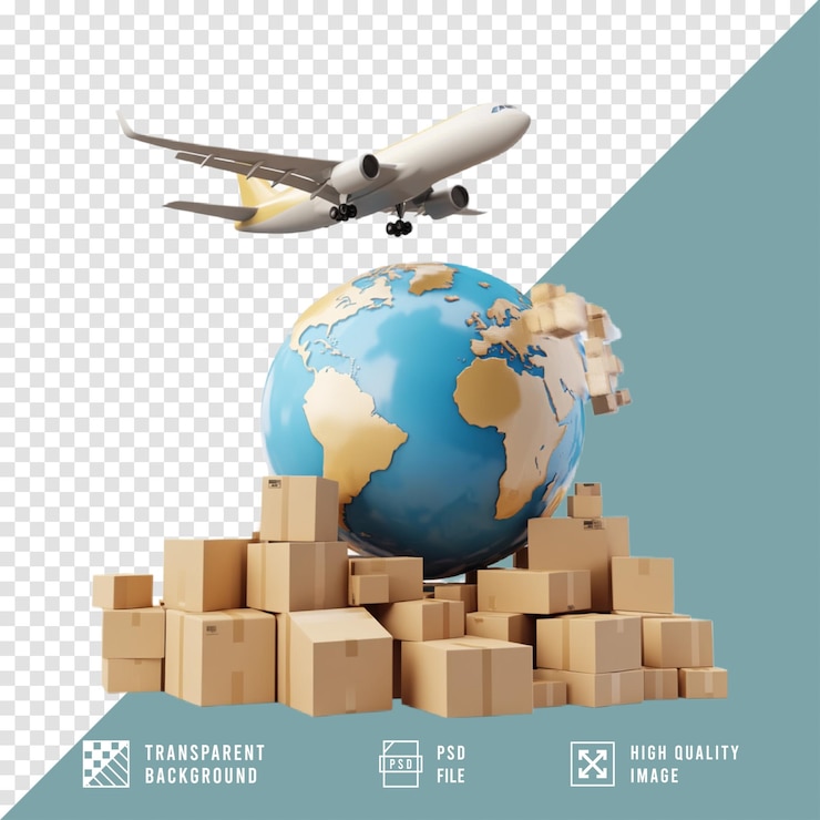 PSD globe with plane and cardboard box on transparent background