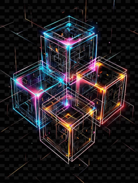 PSD gloeiende wireframe cubes interlocking wireframe collage textu y2k textuurvorm achtergrond decor art
