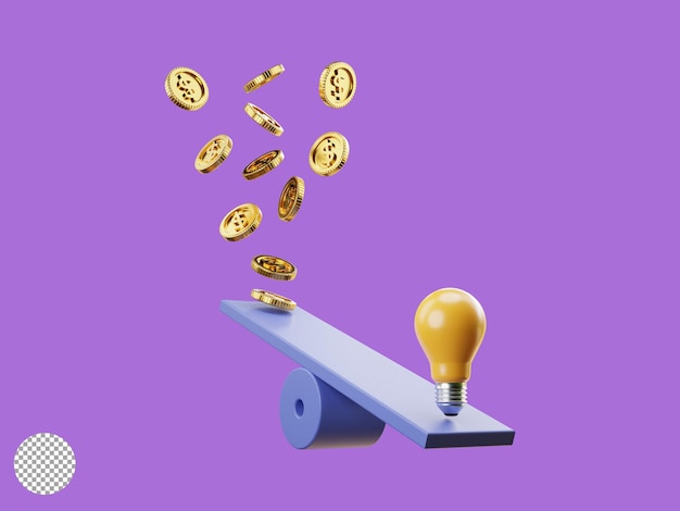 Gloeilamp en gouden munten die op de wip stromen voor symbool van creatief denken, idee en probleemoplossing kunnen meer geldconcept opleveren door 3d renderillustratie