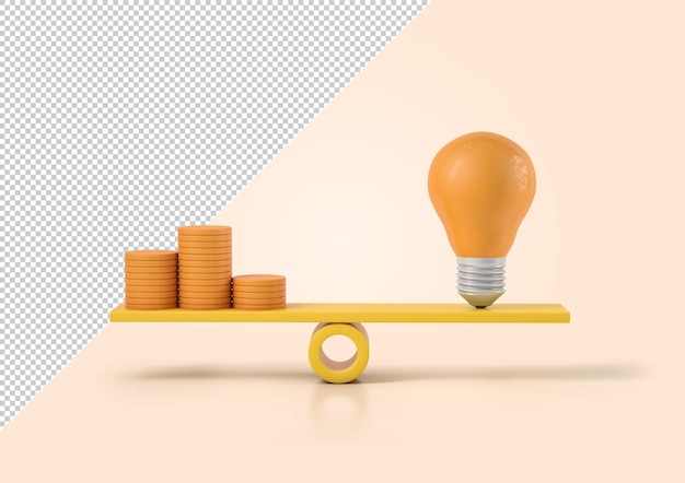Gloeilamp met stapel munten op een schaal, mockup