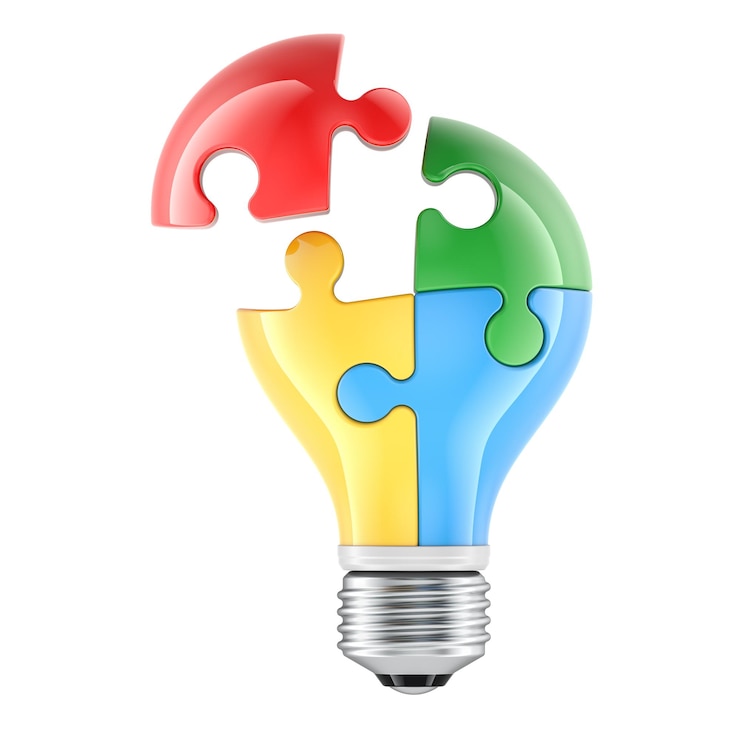 PSD gloeilamp van kleurrijke puzzels zonder één stuk idee concept 3d rendering geïsoleerd op transparante achtergrond
