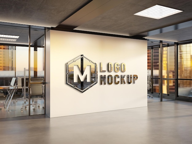 Logo 3d lucido sulla parete dell'ufficio al tramonto mockup