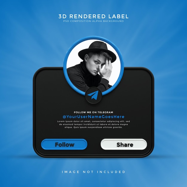 Glossy banner icon profile on black telegram 3d rendering label design