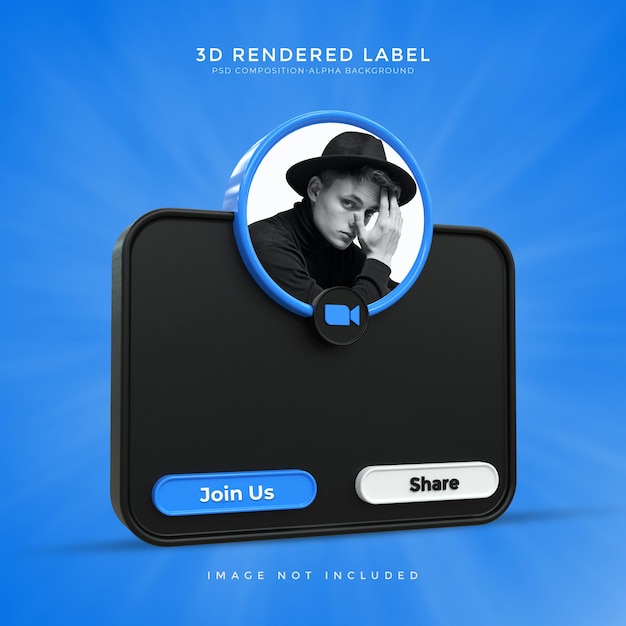 PSD glossy banner icon profile on black zoom 3d rendering label design