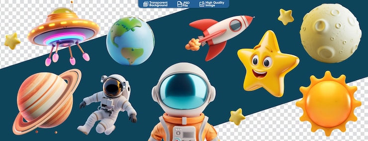 PSD glossy children objects rocket ufo astronaut star planet sun earth moon