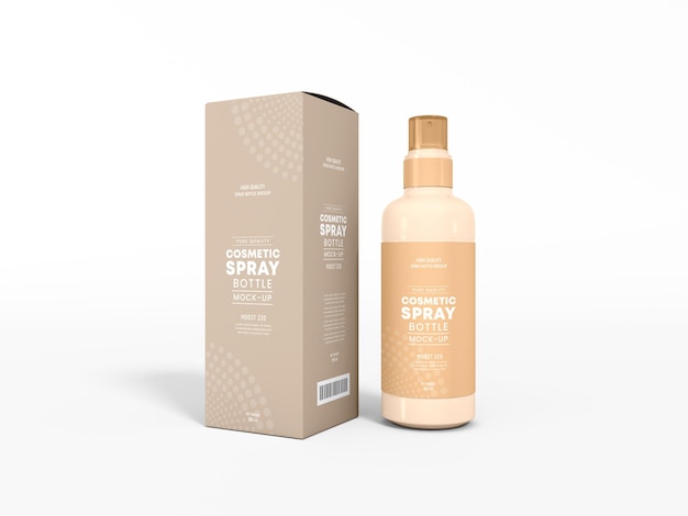 PSD flacone spray cosmetico lucido con scatola mockup