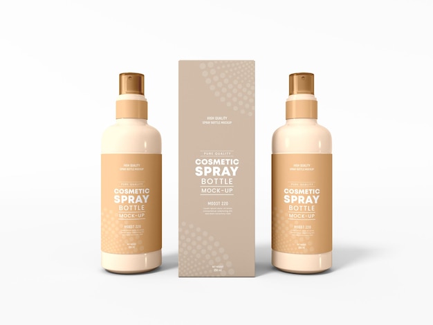 Glossy cosmetic spray bottle with box mockup