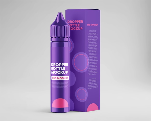 PSD glossy dropper bottle mockup with box