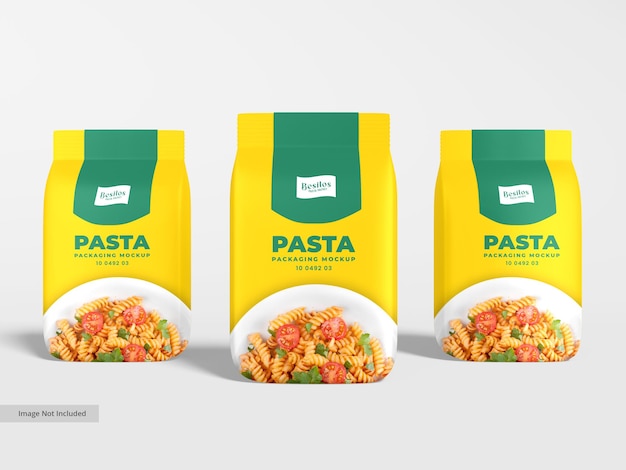 PSD mockup di imballaggio per sacchetti di pasta in alluminio lucido