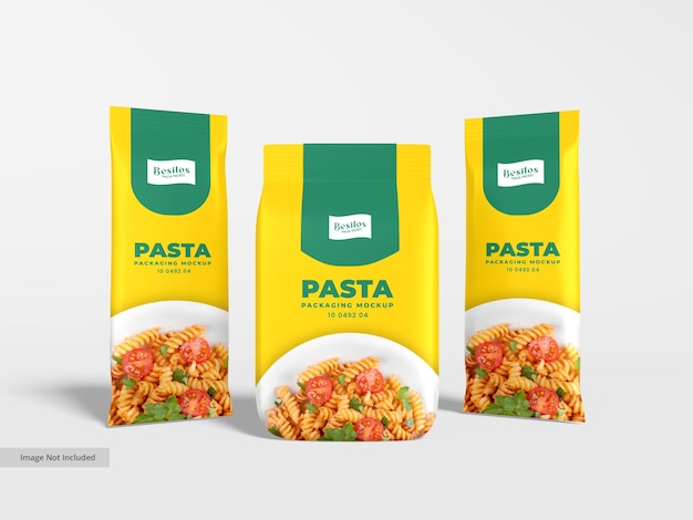 PSD mockup di imballaggio per sacchetti di pasta in alluminio lucido