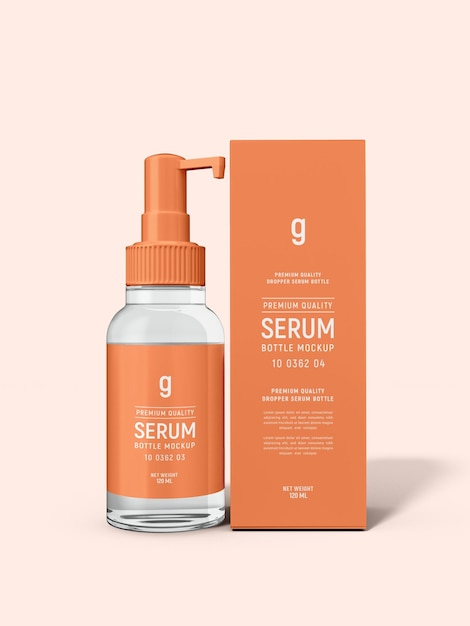 Glossy glass cosmetic serum pump bottle branding mockup