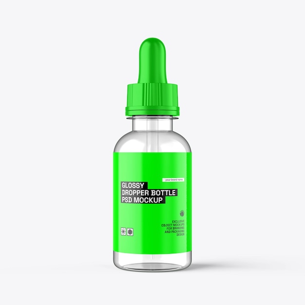 Glossy label on plastic dropper bottle mockup