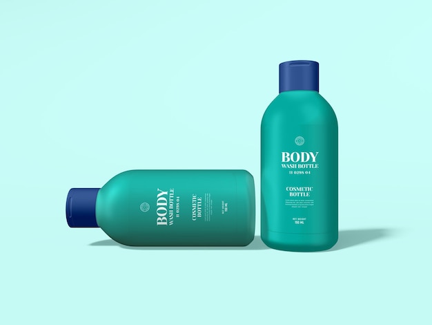 Glossy plastic cosmetic body wash bottle branding mockup