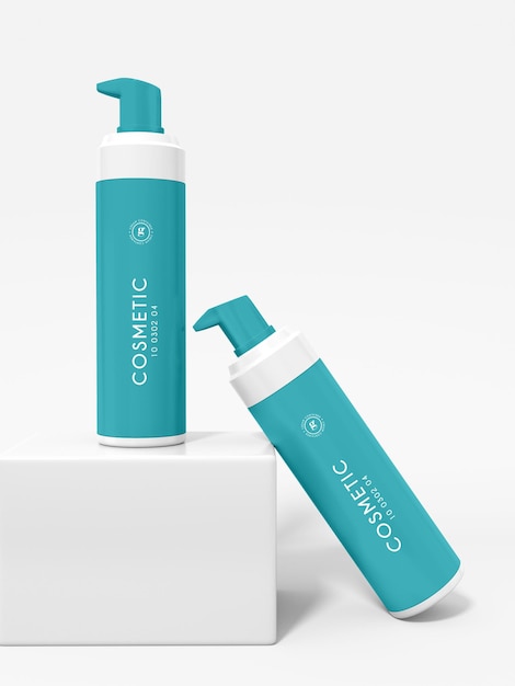 Glossy plastic cosmetic pump bottle packaging mockup