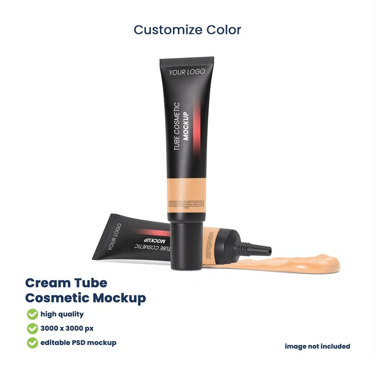 PSD glossy plastic cosmetic small cream tube branding mockup with cream