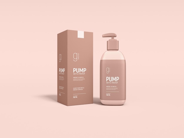 PSD glossy plastic cosmetic sunscreen pump bottle packaging mockup