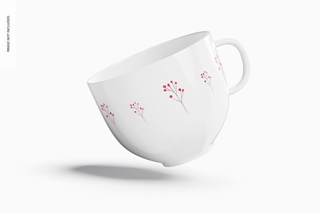 Glossy porcelain cup mockup, falling