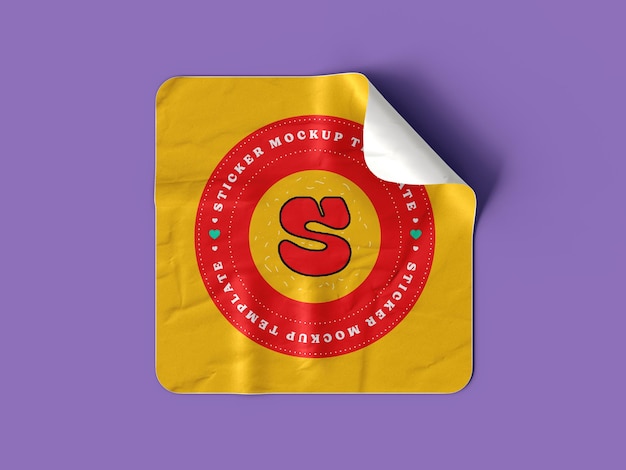 PSD glossy rectangular crumpled sticker mockup