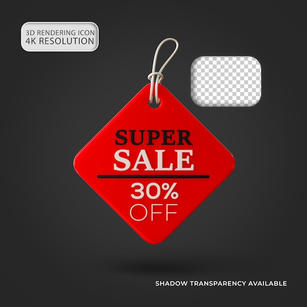 PSD glossy red and black super sale tag 30 percent off isolated 3d icon illustration for composition