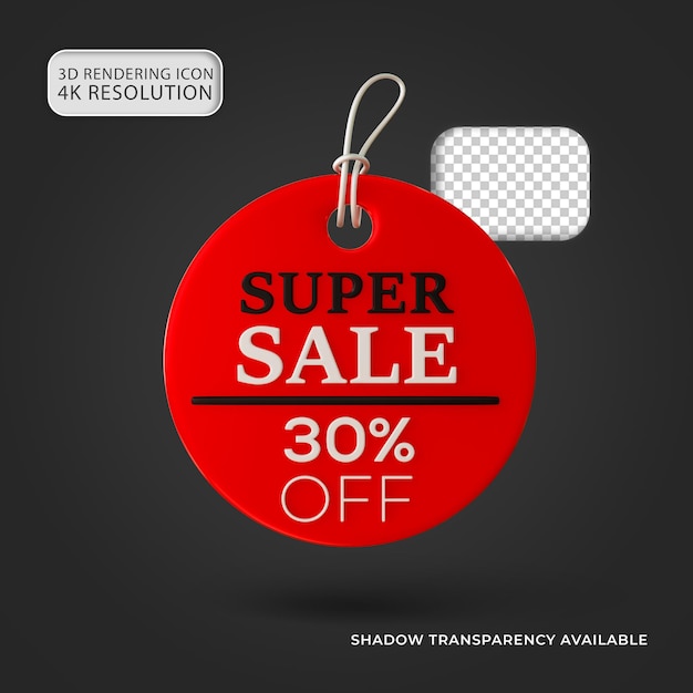 PSD glossy red and black super sale tag 30 percent off isolated 3d icon illustration for composition