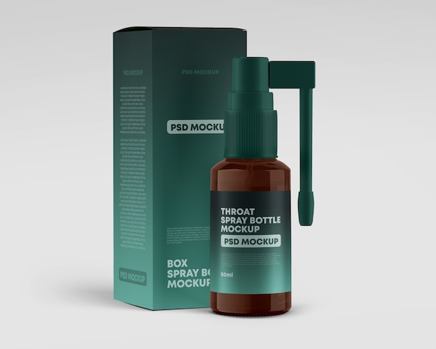 PSD glossy spray bottle with box mockup