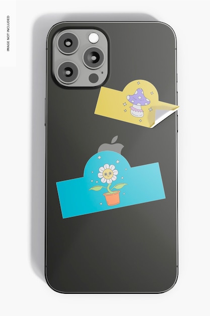 Glossy stickers on smartphone mockup, top view