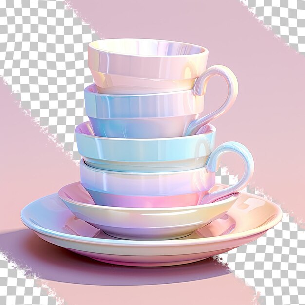 Glossy tea cups with a rainbow effect on a transparent background