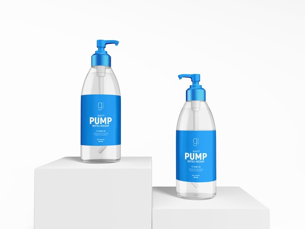 PSD glossy transparent plastic cosmetic pump bottle branding mockup