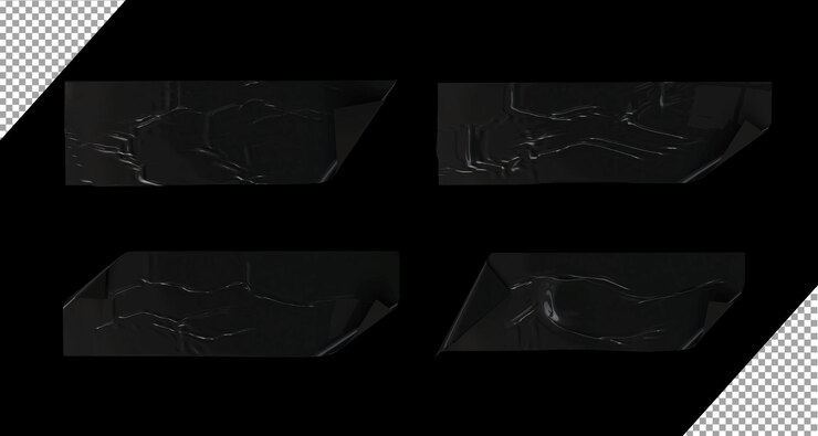 PSD glossy wrinkled creased and fold edge sticky plastic tapes template set isolated 3d render
