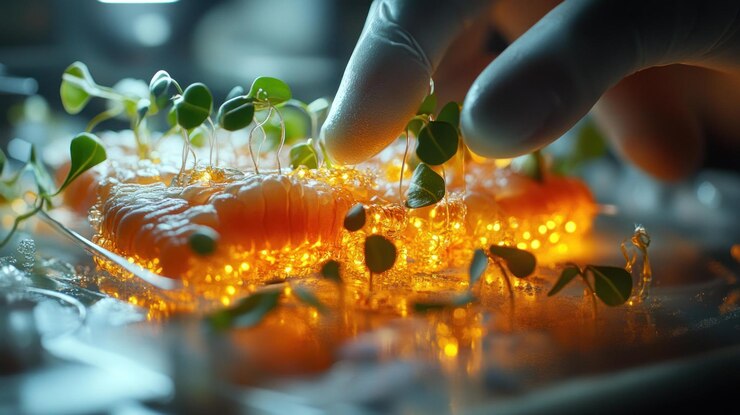 PSD a gloved hand carefully arranges microgreens on top of a salmon dish