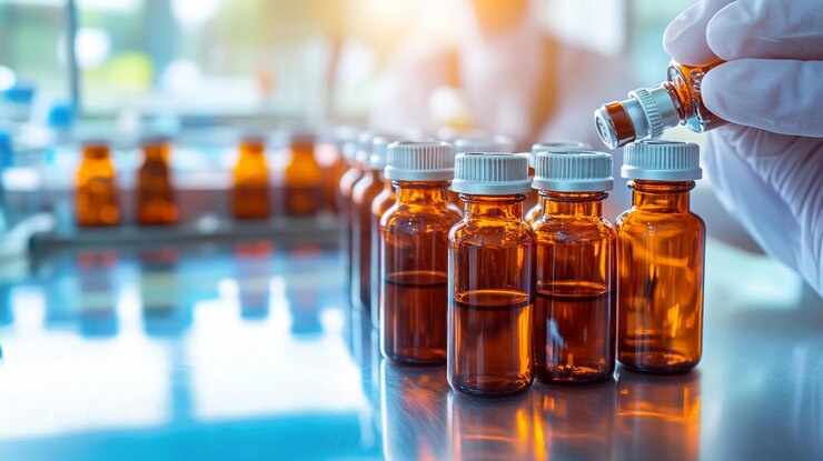 PSD gloved hand filling amber glass bottles with liquid in a lab